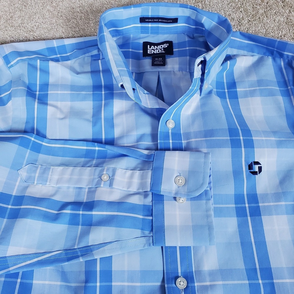 Lands' End Men's Shirt Size 15 33 Button  Down‎ Blue Plaid Long Sleeve